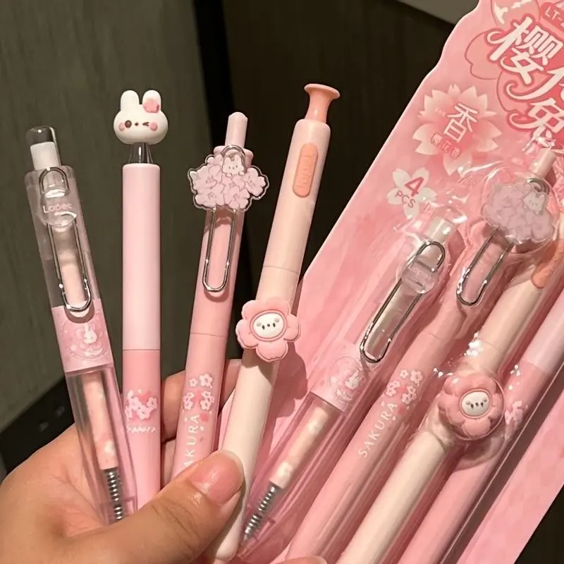4/8pcs Sakura Bunny Perfume Ballpoint Pen, Girl Stereoscopic Sticker High Aesthetic Brush Question Pen, 0.5mm Quick-Dry Ink