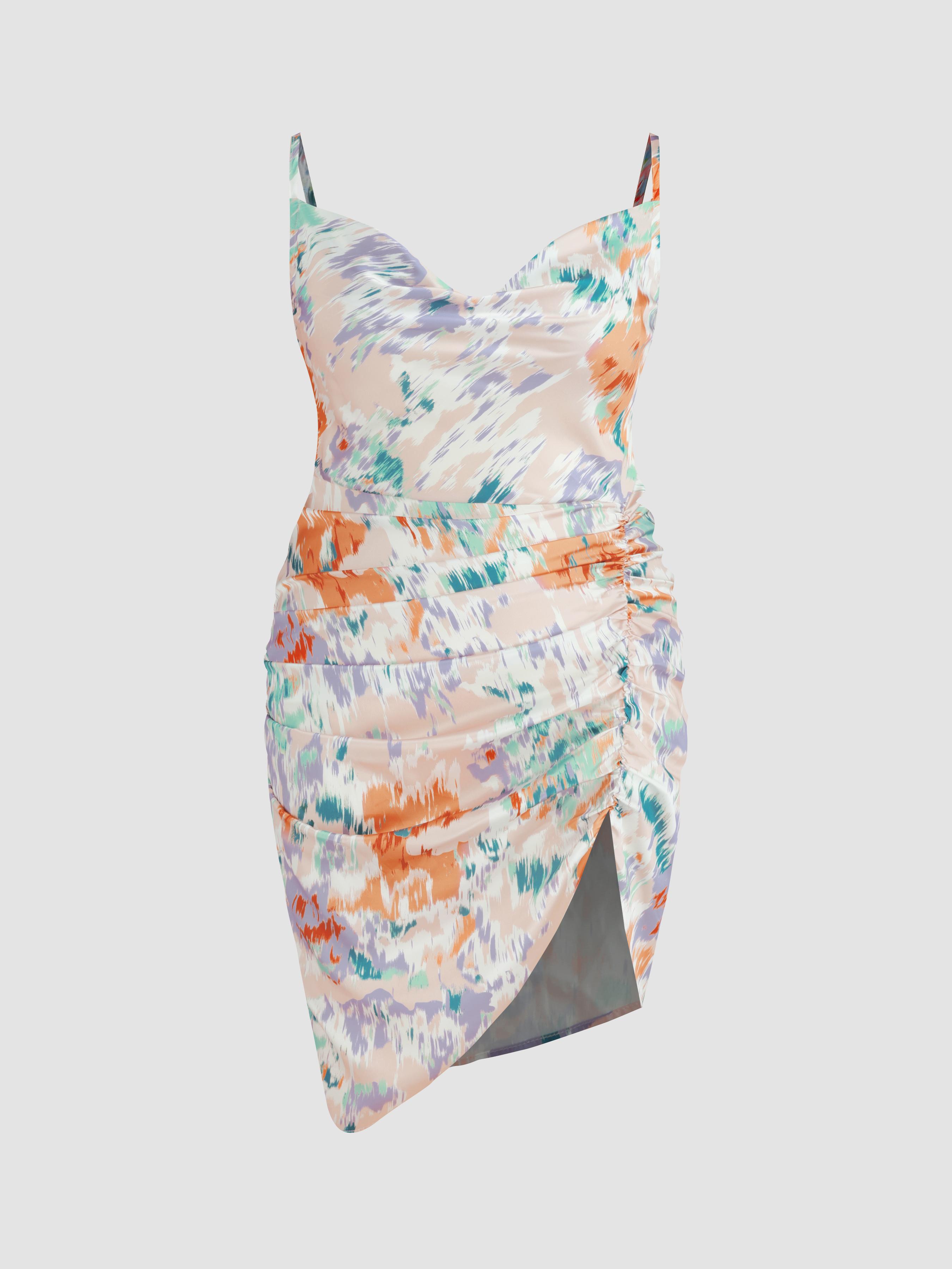 Cider Illusion Floral Ruched Cowl Neck Midi Dress SpringStatements