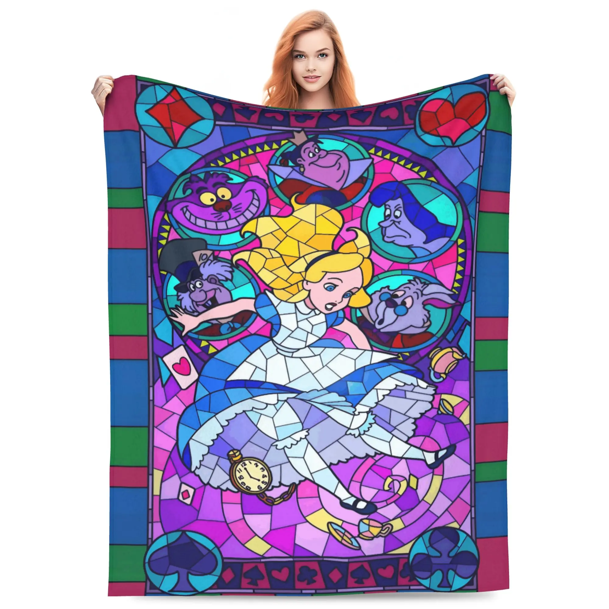 DISNEY CLASSIC Alice in Wonderland Stained Glass Flannel Cozy Blanket - Cartoon Printed with Falling Alice, Cheshire Cat, Mad Hatter, White Rabbit, Queen of Hearts Mosaic, Decorative Throw for Sofa-Bed, Home Room Decor Gift for Fairytale Fans, Cozy Blanke