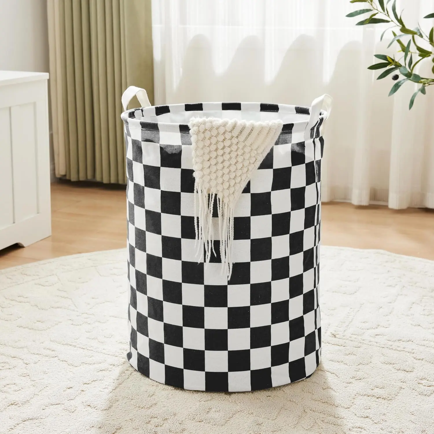 Black White Checkered Laundry Basket, Collapsible Aesthetic Cute Canvas Organizer Hamper Basket for Storage,  Bins, Bedroom Clothes,  ,  Basket