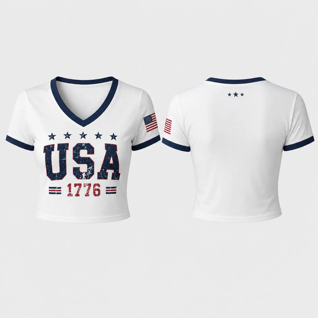 USA 1776 Women Cropped V Neck Jersey Shirt Patriotic USA Flag Star Athletic Crop Top Sports Football Style Tee Summer Streetwear Unisex USA Jersey Shirt America Independence Day Outfit Breathable Quick Dry Y2K Sport Fashion Training Gym Casual Wear