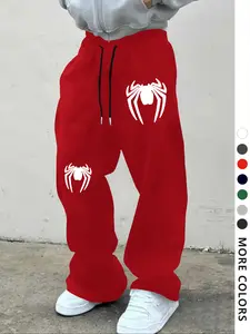 Men's Spider Pattern Drawstring Sports Pants, Casual Loose-Fit Gothic Joggers, Unisex All-Season Wear, Daily Comfortable Clothing