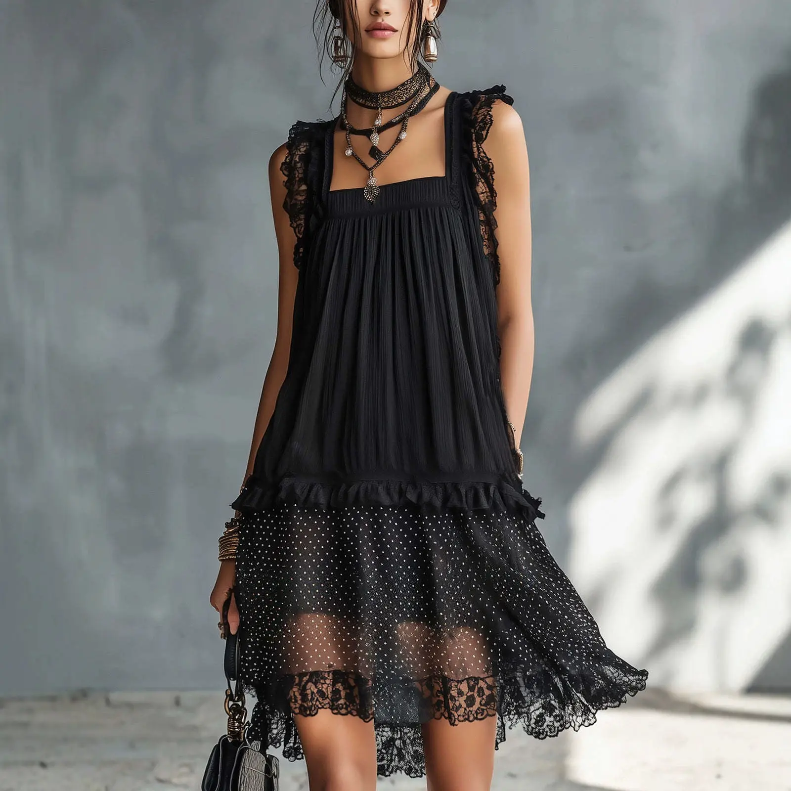 Women's Sleeveless Black Lace Patchwork Dress Fashionable Sexy Round Neck Short Dress Women's Clothing