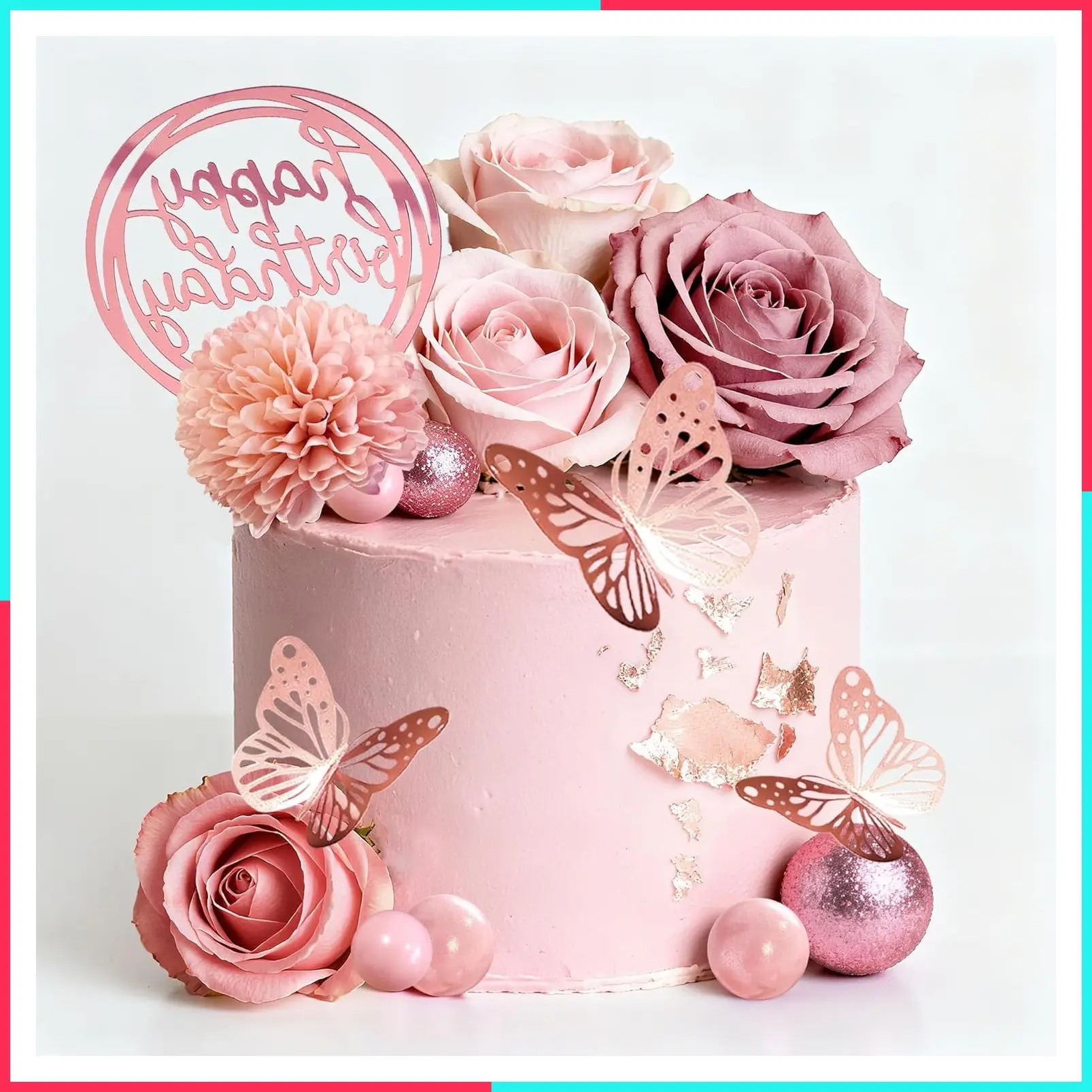 Flower Cake Toppers, Happy Birthday Rose Gold Cake Decorations with Artificial Flowers Butterfly Balls for Wedding Baby Shower Birthday Party Supplies