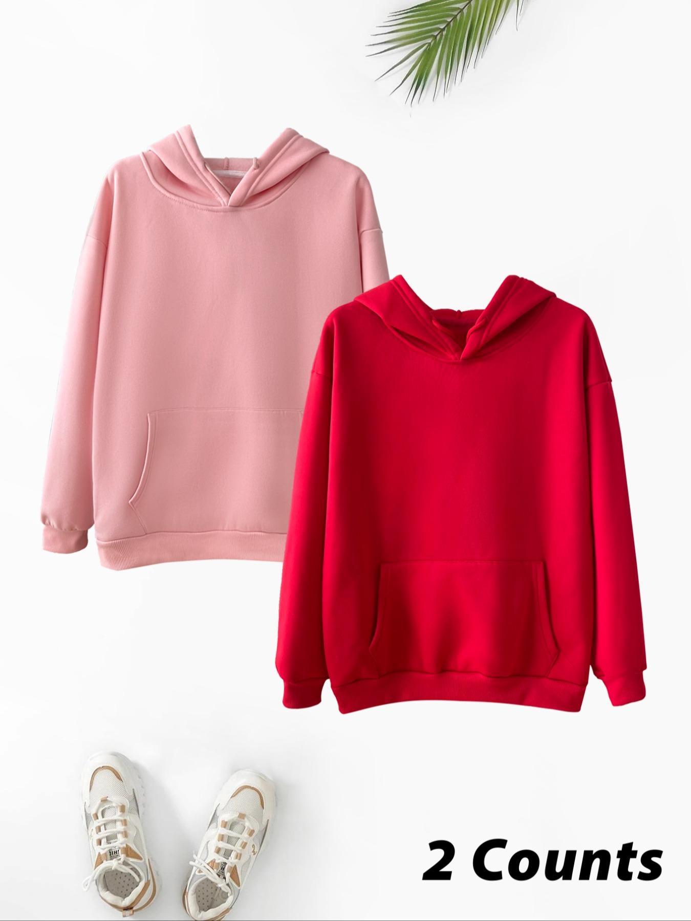 Women's Solid Color Drawstring Pocket Hoodie, Casual Minimalist Loose Basic Knit Long Sleeve Hooded Sweatshirt for Fall & Winter, Women's Clothes for Daily Wear, Womenswear
