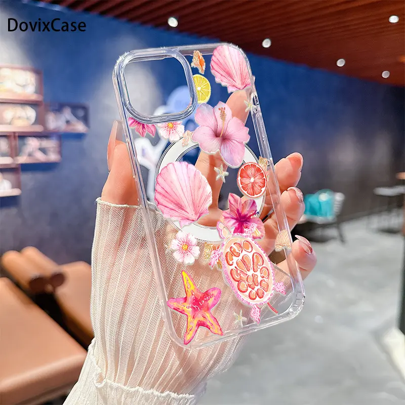 Phone Case: Tropical Seashells Starfish Citrus Fruits Hibiscus Flowers Transparent Acrylic Magnetic HD Clear Shockproof Printed Phone Case for iPhone 17 E Air Pro ProMax iPhone16 15 14 Plus 13 12 11 X XS XR Series Full Models Great