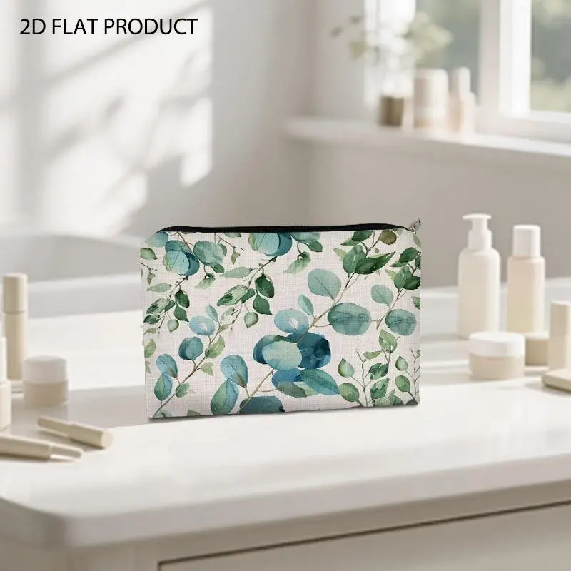 Soft Watercolor Eucalyptus Leaf Print Makeup Bag, Double-Sided Delicate Botanical Pattern on Off-White Background, 5.9*8.66inch Portable Cosmetic Pouch for Daily Makeup Storage & Travel Organization