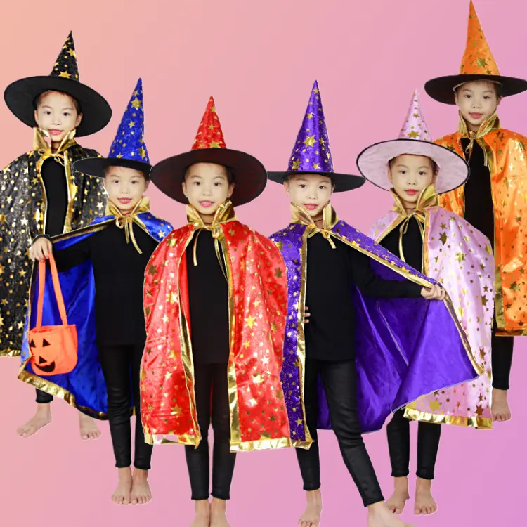 Unisex Kids' Wizard-Witch Cape Shawl Set - Fray-Free Edges, Soft Cloth, Loose Cut, Halloween Party Accessory for Kindergarten Performance Prop