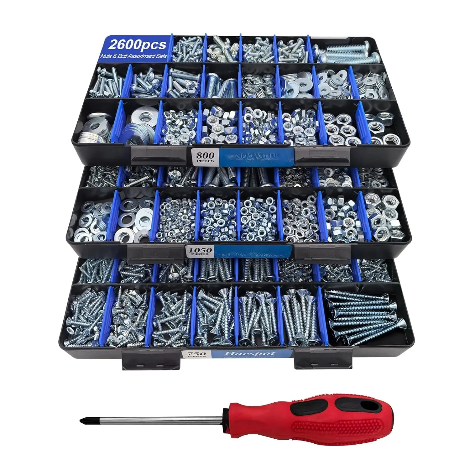 2600 count Bolt and Nut Hardware  Kit with Diverse , Screws, Washers & Nuts–DIY-Friendly, 3-Tier Storage for  Projects