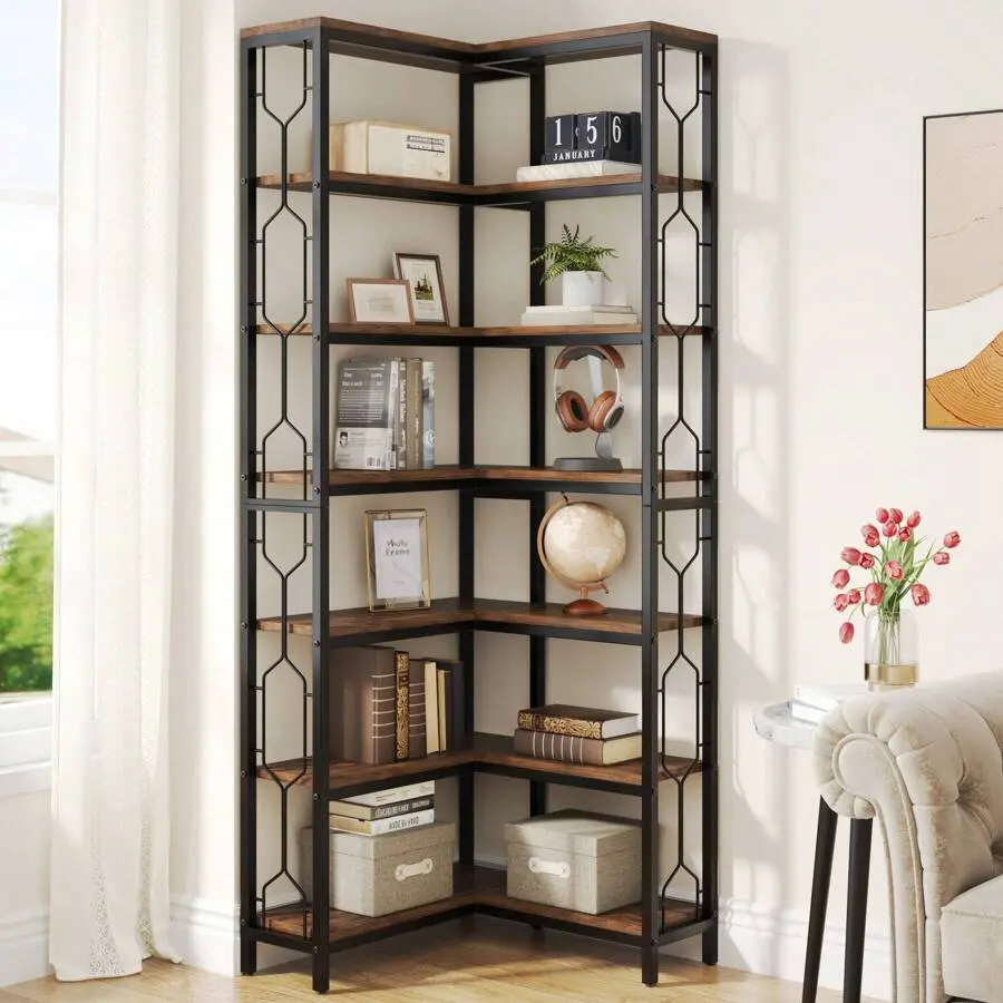 Corner Shelf, 7-Tier Industrial Corner Bookshelf, Wood And Metal Corner Etagere Bookcase, Freestanding Display Shelf Living Room,, Home Office, Brown