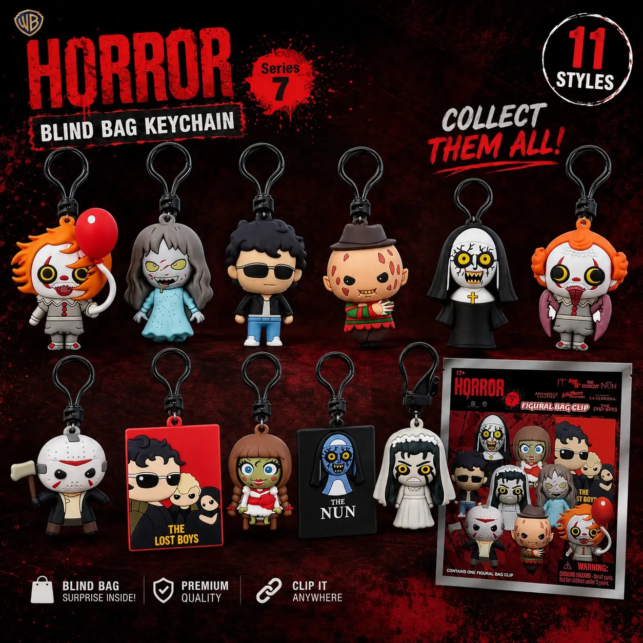 Wb Officially Licensed Horror TV Movie Figural Bag Clip, Mystery Blind Bag Keychain, Pennywise Michael Myers Jason Annabelle, Halloween Gothic Keychain, Collectible Bag Keychain