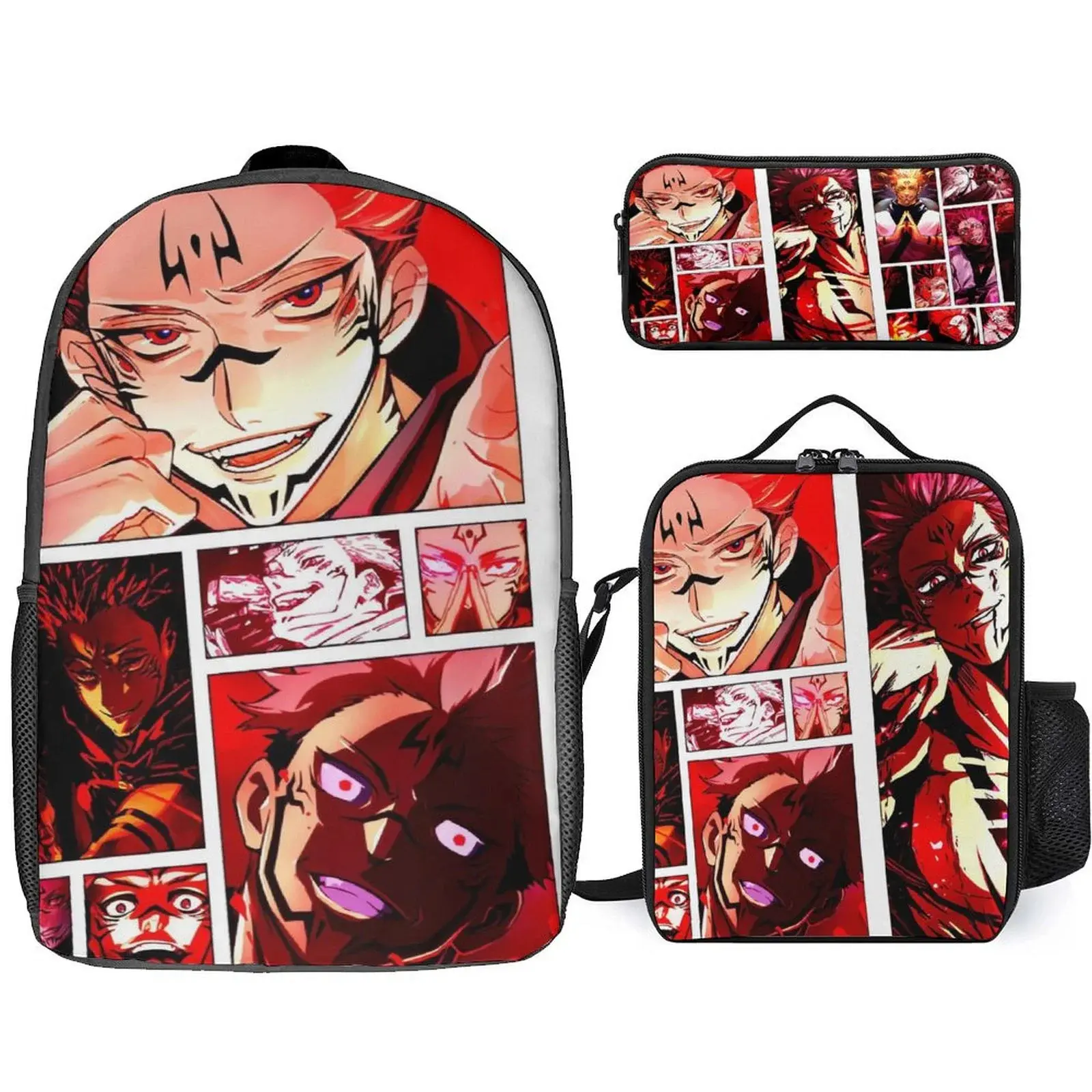 Jujutsu Anime Kaisen Ryomen Sukuna Backpack Set, 3 Piece Backpack Set With Lunch Box Pen Box , High Capacity Bookbag Lunch Bag Pencil Case Workplace Travel