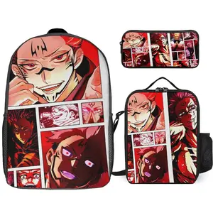 Jujutsu Anime Kaisen Ryomen Sukuna Backpack Set, 3 Piece Backpack Set With Lunch Box Pen Box , High Capacity Bookbag Lunch Bag Pencil Case Workplace Travel