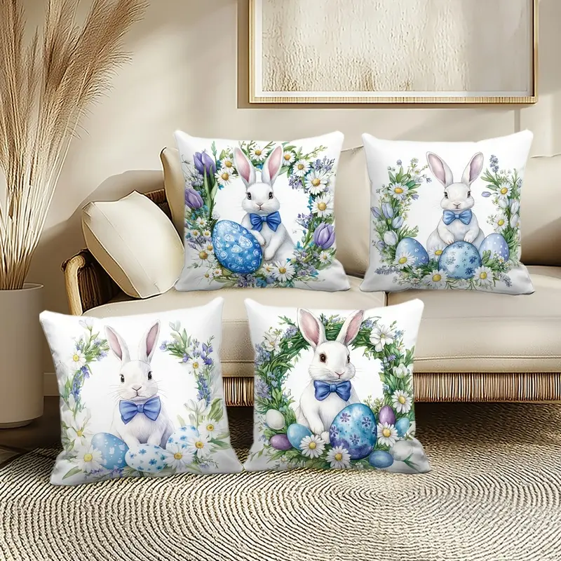 Set of 4 Easter Pillow Covers Featuring Wreaths, Rabbits, Colorful Eggs, And Daisies, Suitable for Holiday Decor, Home Decoration, Room Decoration, Office Decoration, Living Room Decoration, And Sofa Decoration, Made of Polyester with Single-Sided Printin