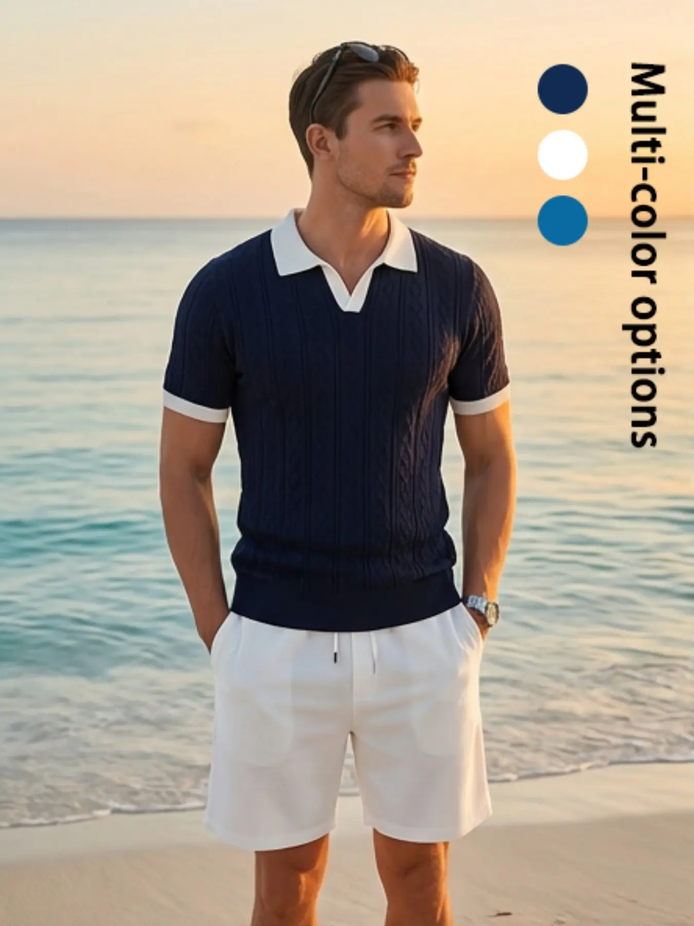 Men's Cable Knit Short Sleeve Polo Shirt Contrast Navy Collar V Neck Textured Knit Tops Summer Casual Business Lightweight Breathable Shirts for Daily Wear Commute Vacation Golf Stylish Gentlemen Old Money Vintage Classic Slim Fit Trendy Menswear White