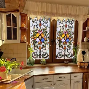 1pc Vintage Gemstone Pattern Printed Spray-Painted Glass Window Sticker, Window Decals For Glass Windows, Static Cling Colorful Crescent Moon Glass Decoration, Removable Self-Adhesive, Trimmable Glass Film for Bathroom, Kitchen, Gift Idea