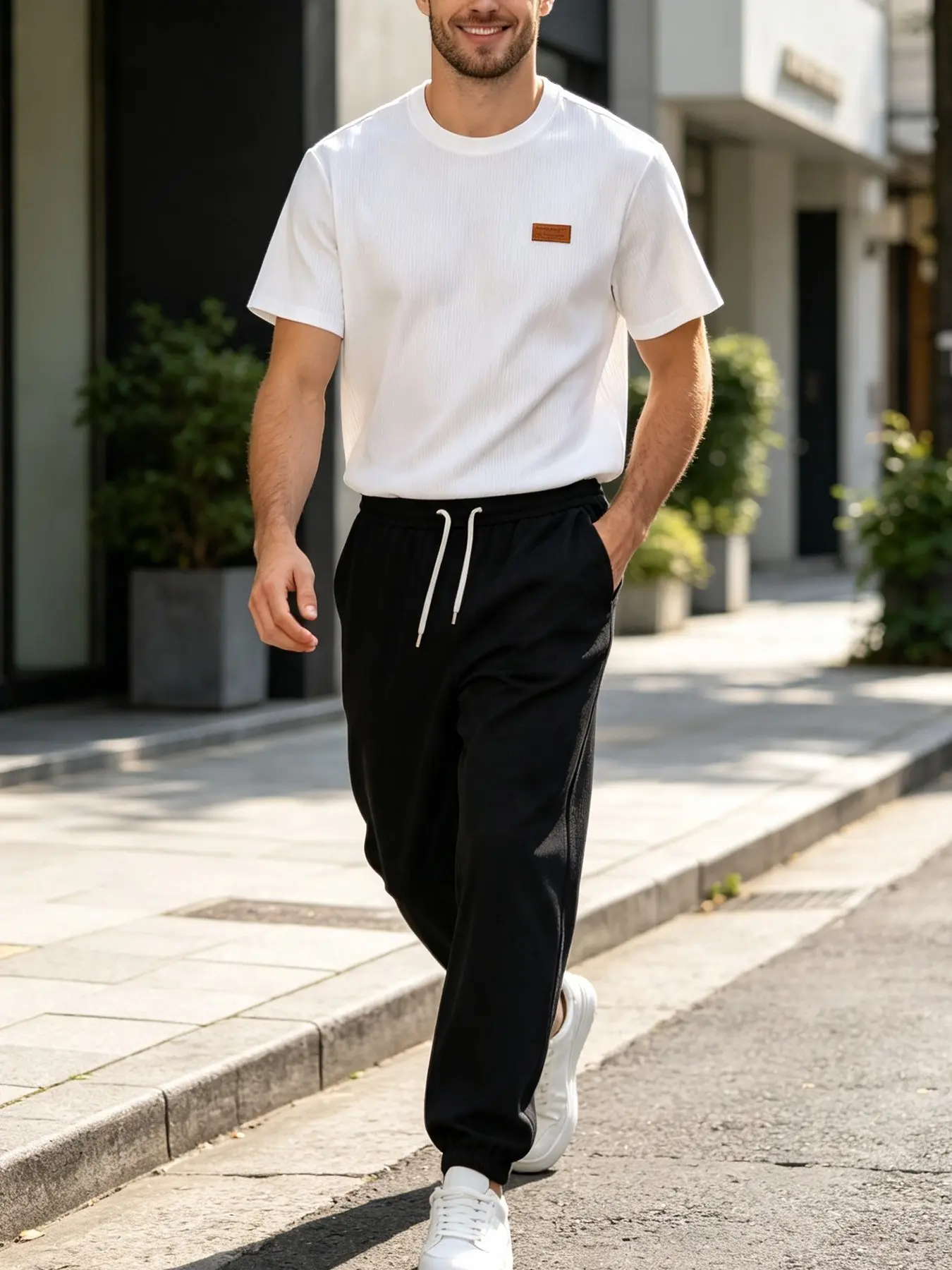 Men Vertical Ribbed 2 Piece Casual Outfit, Crew Neck Short Sleeve T-Shirt With Leather Tag & Elastic Drawstring Wide Leg Pants, Light Cool Wrinkle-Free Matching Suit For Street Walking, Travel, Picnic & Daily Outdoor Activities
