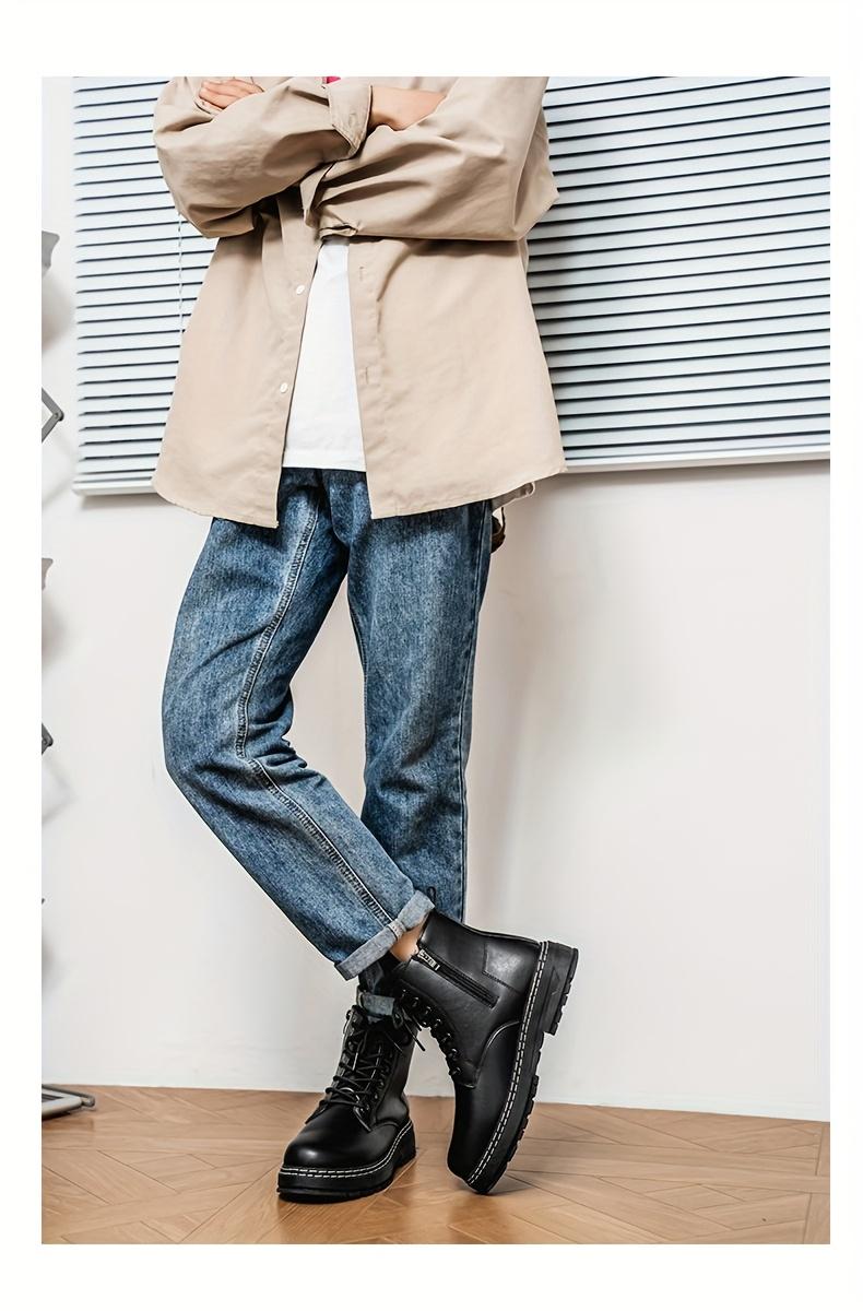 Four Seasons Fashion Trendy Men'S Black Boots Mid-Top Lace-Up Men'S Boots