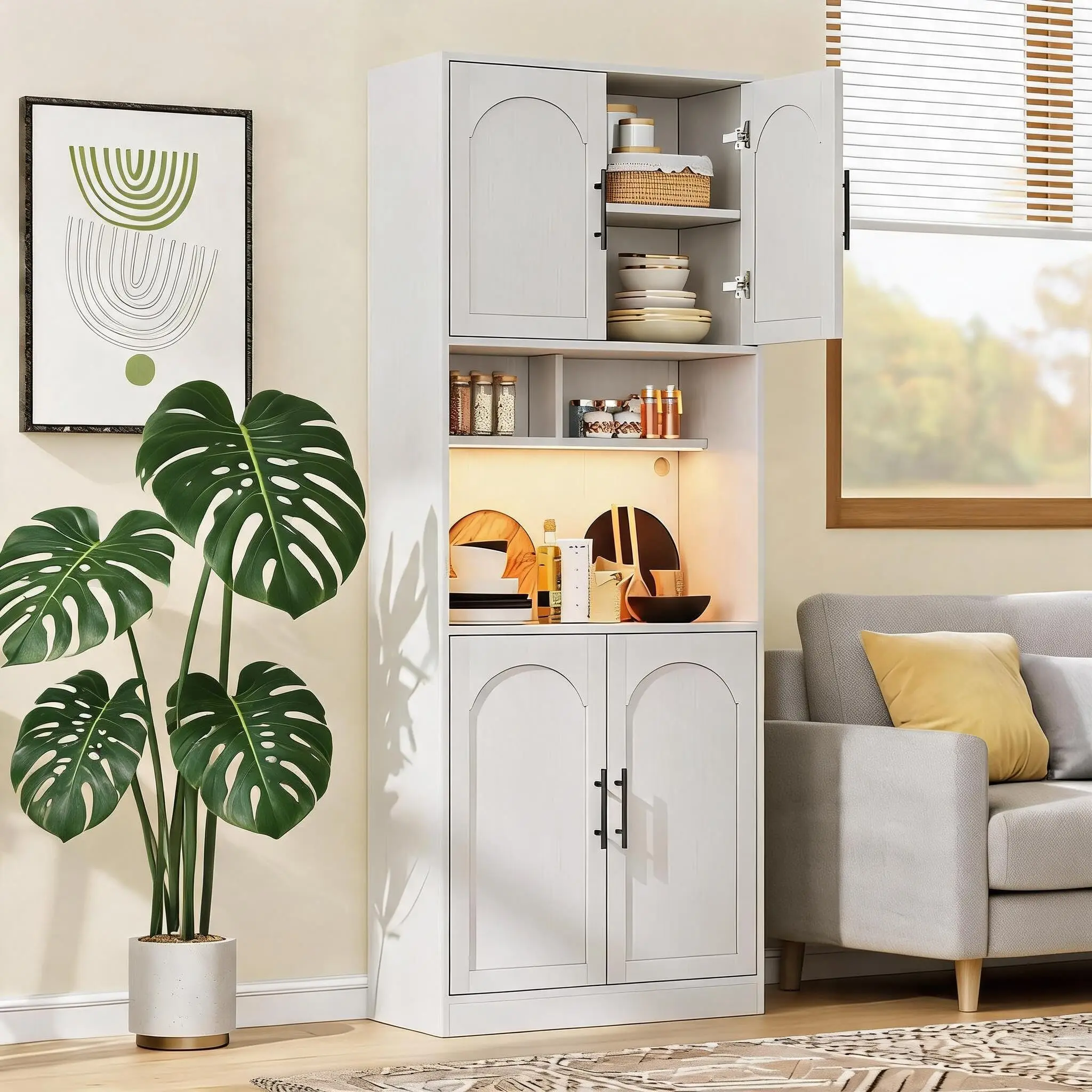 Garvee White 71" Tall Pantry Cabinet with LED Light & Microwave Shelf