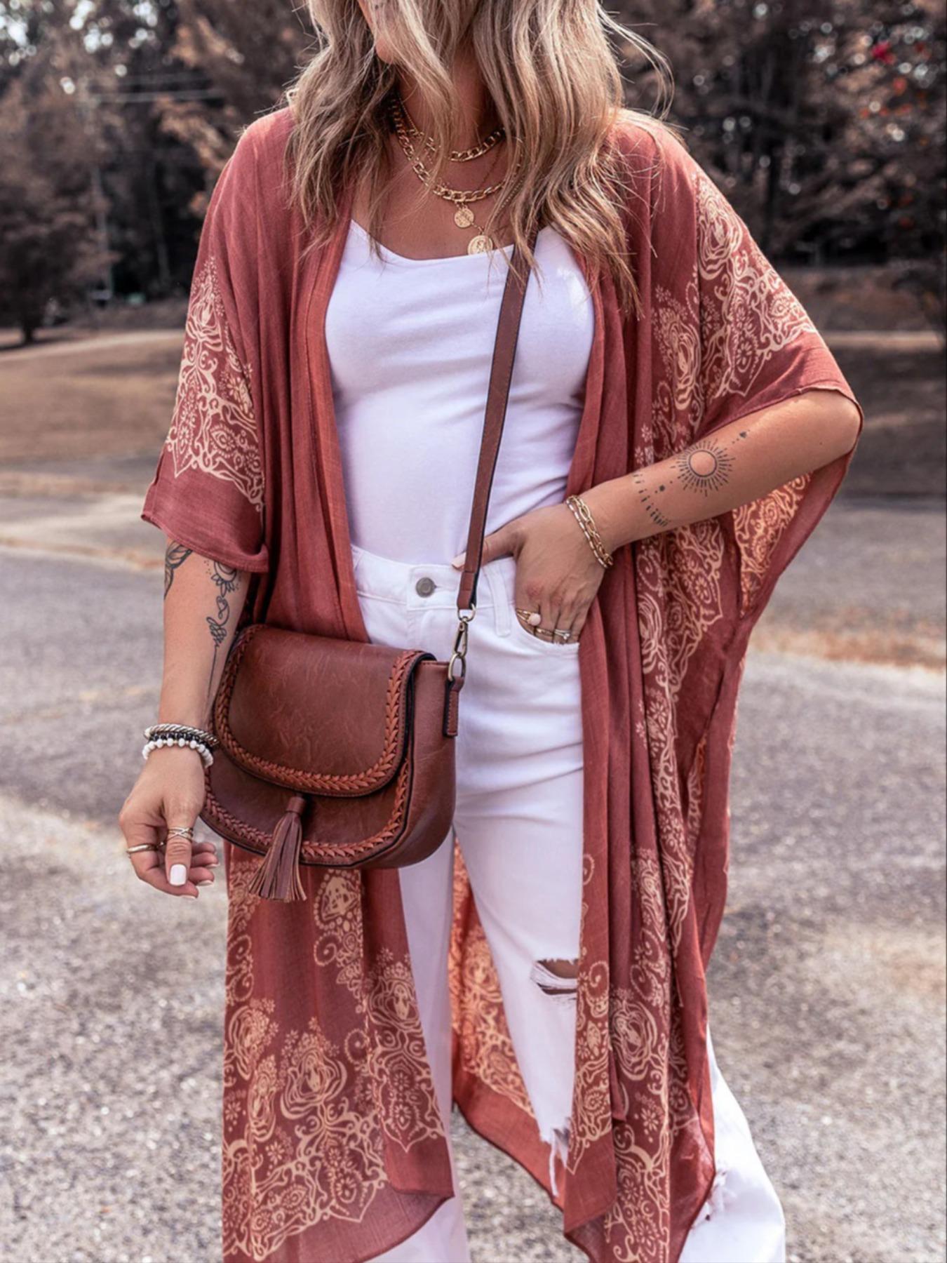 Women's Ethnic Pattern Kimono, Casual Open Front Cover Up for Beach Vacation, Ladies Clothes for Spring & Fall