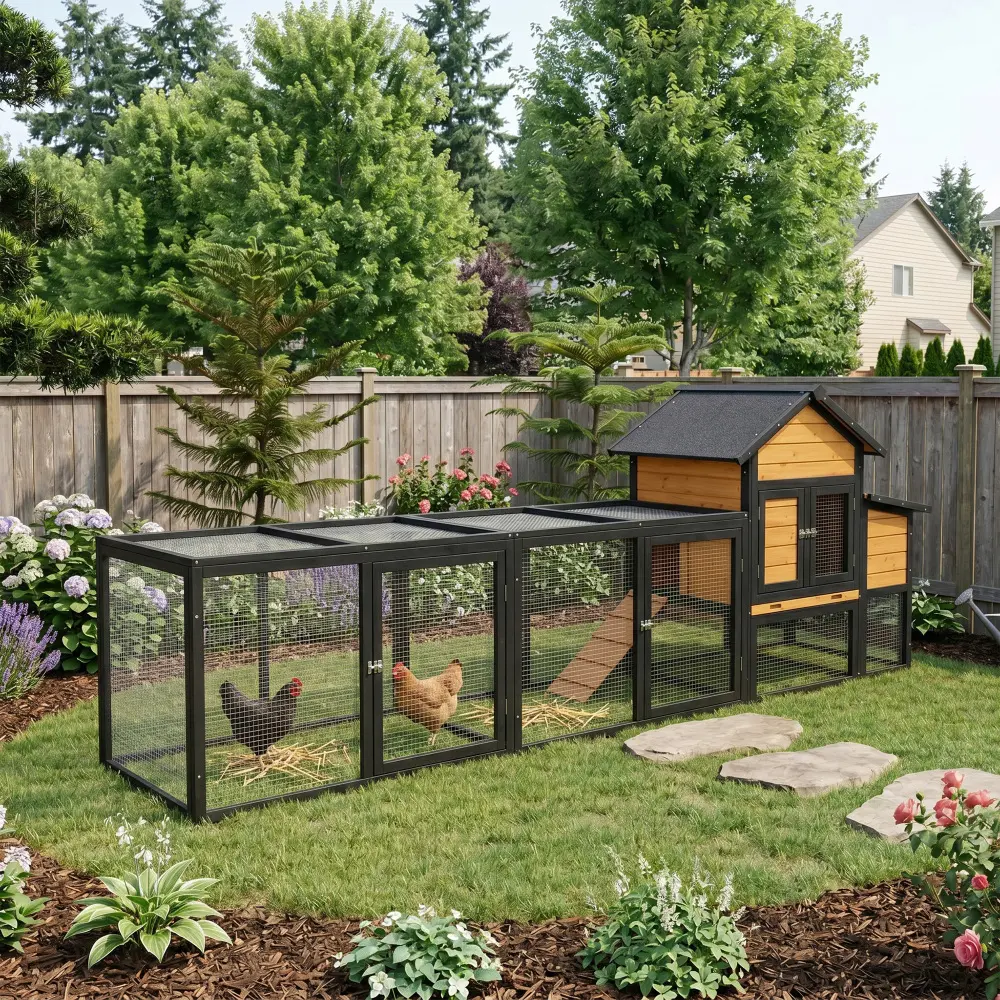 119.5" Outdoor Wooden Chicken Coop with Run, 7 Doors, Pull-Out Tray, Nesting Box, Ramp - Expandable Backyard Poultry House for 2-4 Chickens (Farm Animal Pet Supply)