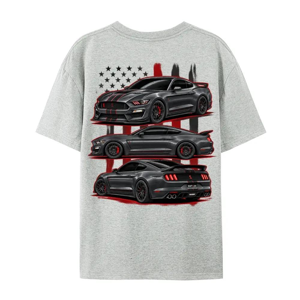 Men's American Muscle Car 180G Cotton T-Shirt - Relaxed Cut Street Tee, Triple Sports Car Back Graphic Heat Transfer Prints, Casual Crew Neck Breathable Tops