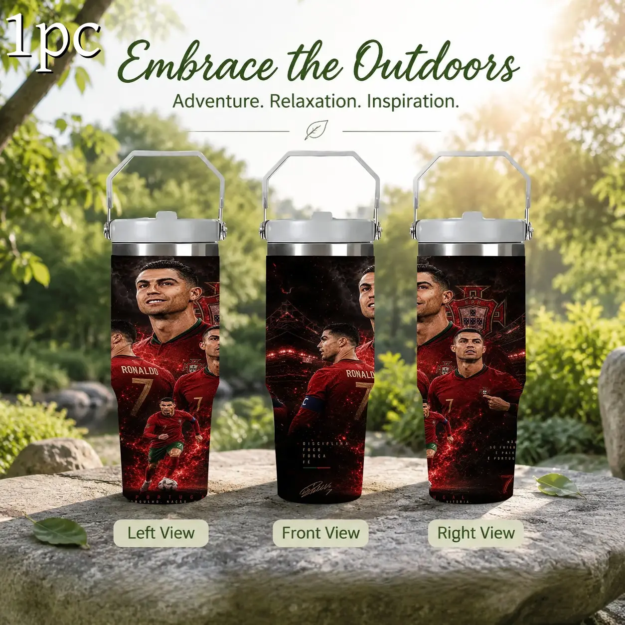 1pc 30/32oz Insulated Tumbler With Foldable Handle, No.7 Football Print Stainless Steel Travel Cup, Double Wall Vacuum Leakproof Sports Water Mug, Soccer Fan Merch Gift For Men Women Football Lovers Outdoor Adventure