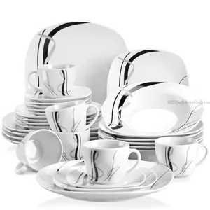 Series Fiona, 18/24/30-Piece Classic Dinnerware Sets for 6, White Dishes Set with Black and Gray Stripes, Porcelain Dinner Set Including Dessert Plates, Soup Plates, Dinner Plates, Cups & SaucersDD21SoftWearFashion