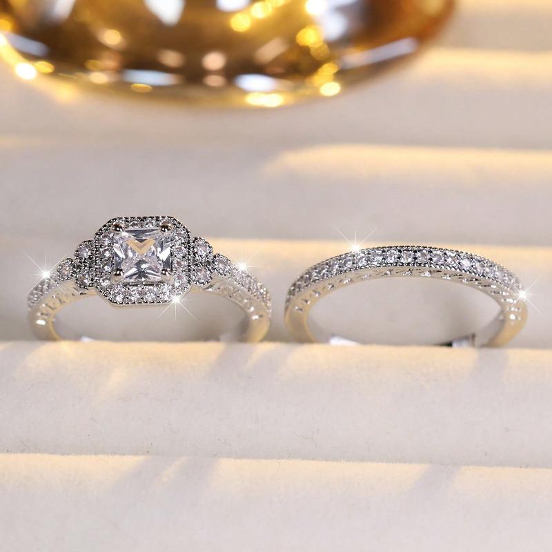 2-Piece Luxury Square Cubic Zirconia Wedding Ring Set - Women’s Promise Engagement Rings, Bridal Jewelry, Valentine's Day Proposal & Mother's Day Gift