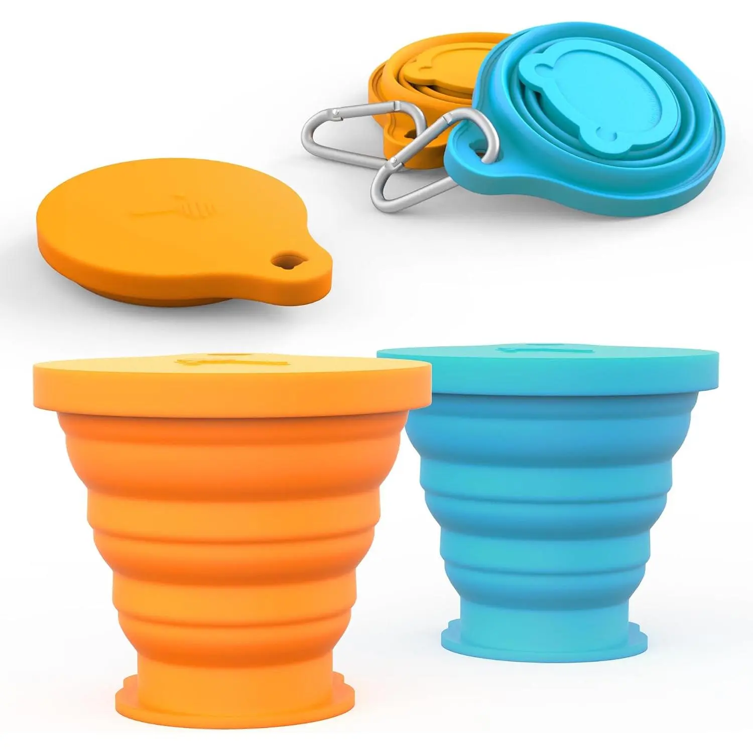 Collapsible Cup for Traveling,  Foldable Cup, Camping Mug with Lid, Folding Mug for Camping, Hiking, Outdoors, Travel (2 Pack-Blue-Orange)
