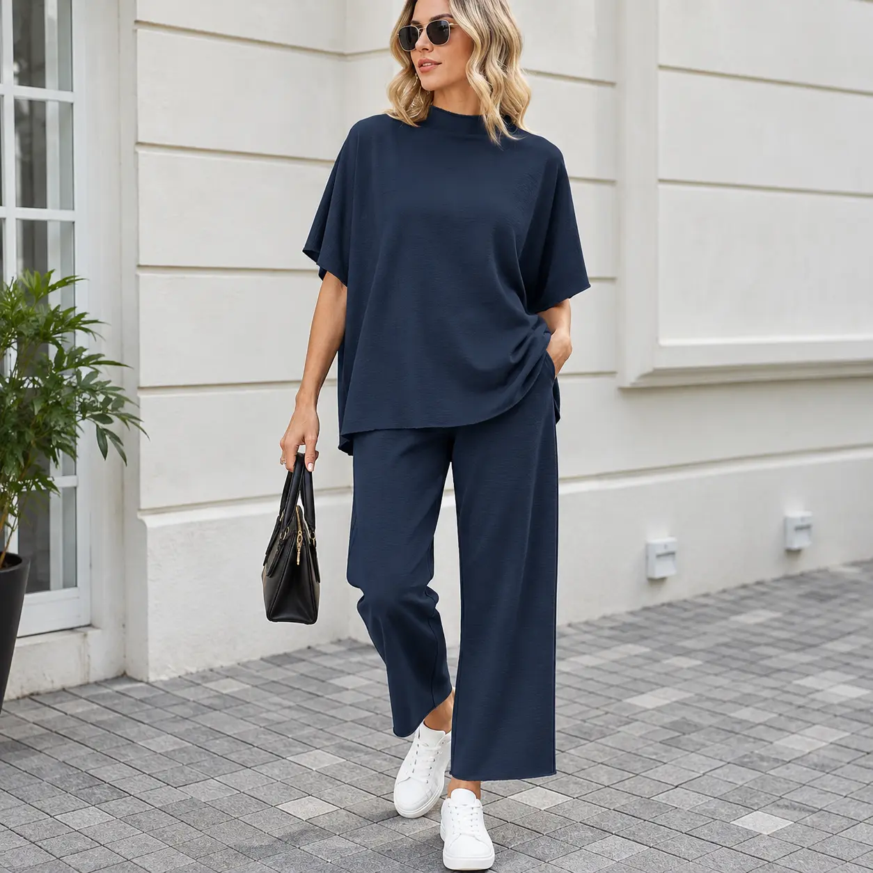 Women's 2 Piece Lounge Set, Oversized Short Sleeve Top & Wide Leg Pants, Casual Matching Outfit, Relaxed Fit Travel Set, Soft Everyday Co-Ord for Women, Summer Fall Streetwear, Vacation Airport Outfit, Comfy Casual Two Piece Pants Set