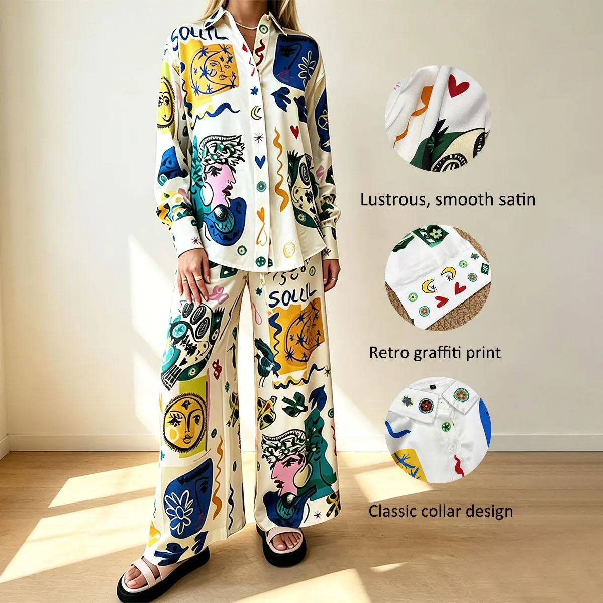 Brand-new Set! The "Soleil" Two-piece Set Featuring An Abstract Art Print Shirt and Wide-leg Trousers—perfect for A Graffiti-inspired or Vacation Look.