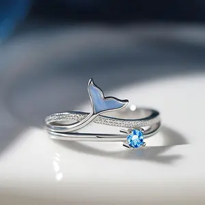 [Dolphin Tail Ring] Dolphin Tail Enamel Ring Inlaid with Synthetic Zirconia | Women's Copper Ring, Adjustable Size | Summer Casual Ring, Gemstone Ring | Gift for Friends