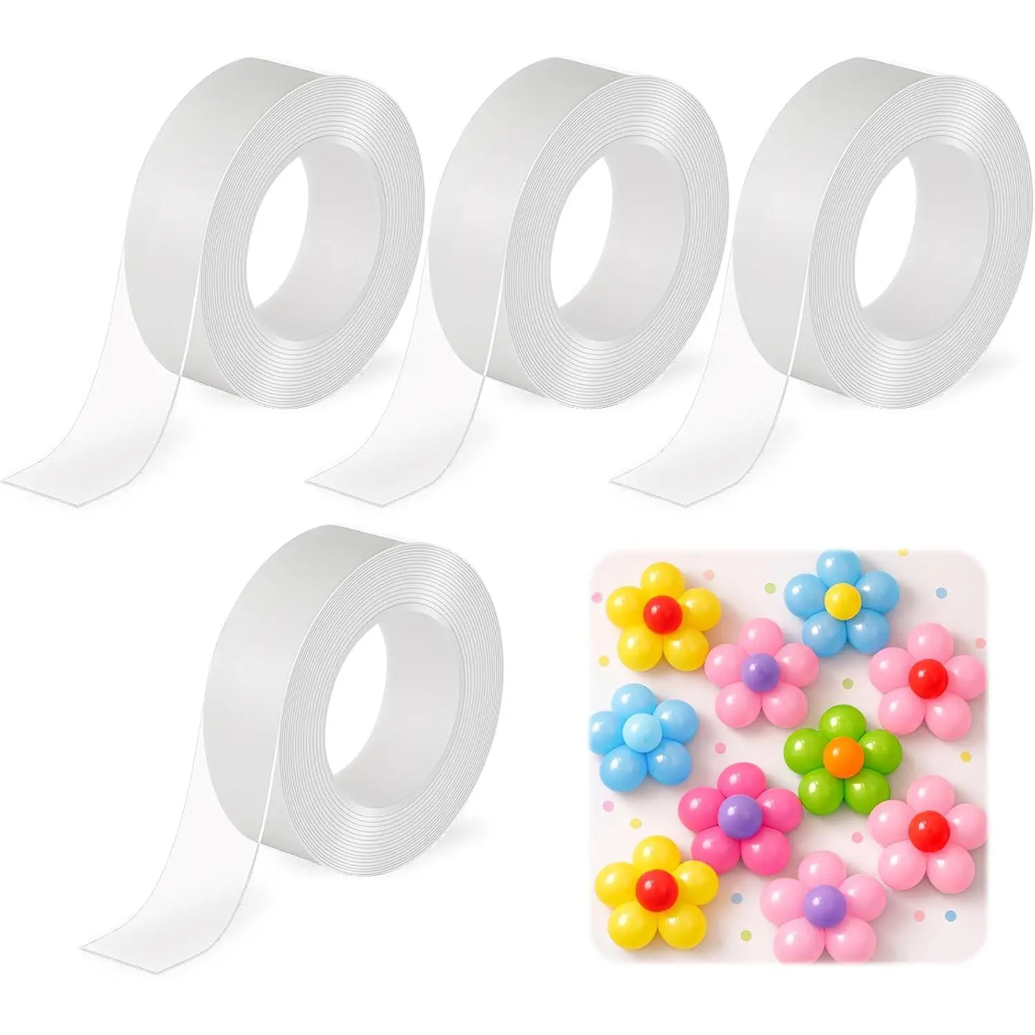 4 Rolls Double Sided Tape for Balloons Heavy Duty Removable and Washable 0.8"x118" Multipurpose Mounting Tape Picture  Strips Adhesive for Poster Carpet Holiday Decorations