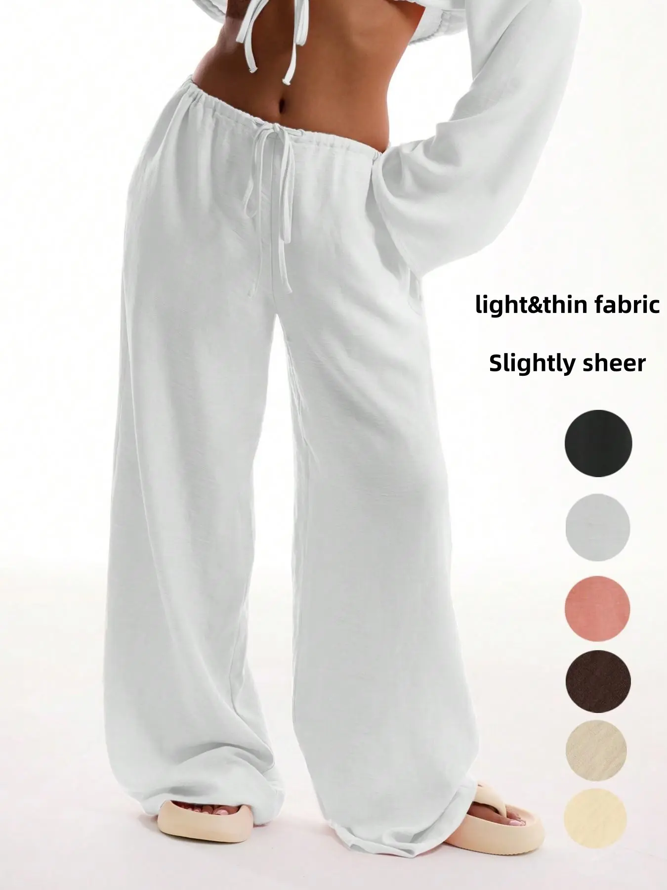Women's Front Tie Linen-Feel Beach Pants, Loose Fit Baggy Adjustable Drawstring Wide Leg Casual Trousers, Comfortable Summer Wear