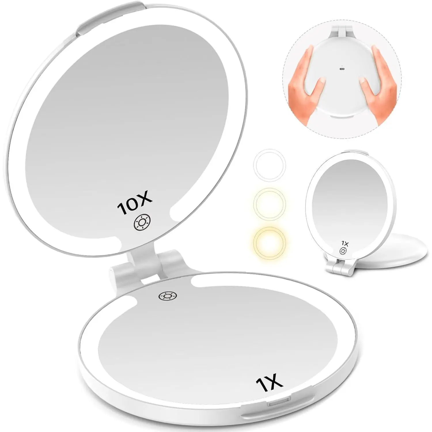 FUNTOUCH 7"Rechargeable Travel Makeup Mirror 10X Magnifying for Girls,White| Double Sided/3 Color Lighting/Dimmable Touch Screen/Indoor, Outdoor/Gift for Girls
