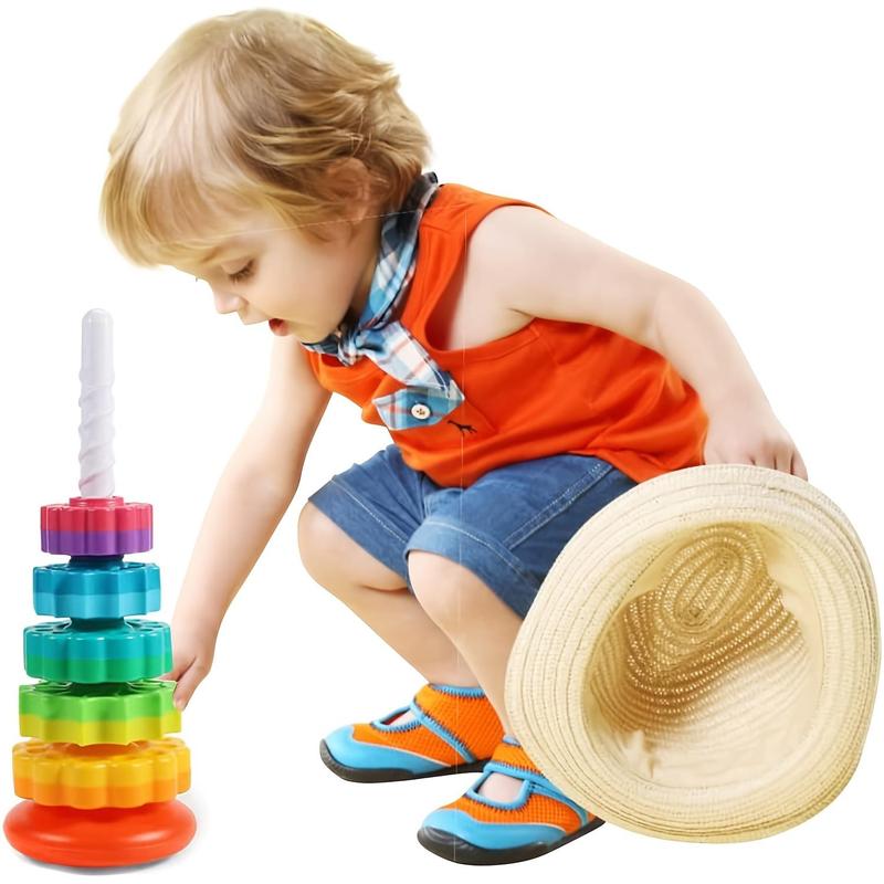 Rainbow Rotating Tower Toy, Colorful Wooden Stacking Toy Sensory Toys Shape Sorter Jenga Game for Kids, Stacked Puzzle Baby Toys, Rainbow Tower Blocks Toy for Kids