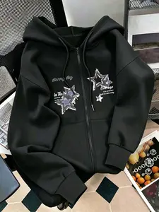 Women's Star Print Hooded Cute Cozy Sweatshirt, Fashion Zipper Drawstring Warm Inner Lining, Casual Loose Fit Long Sleeve Jacket for Fall Winter Clothes, Casual Print Hoodie, Aesthetic Hoodie, Fashion Hoodies