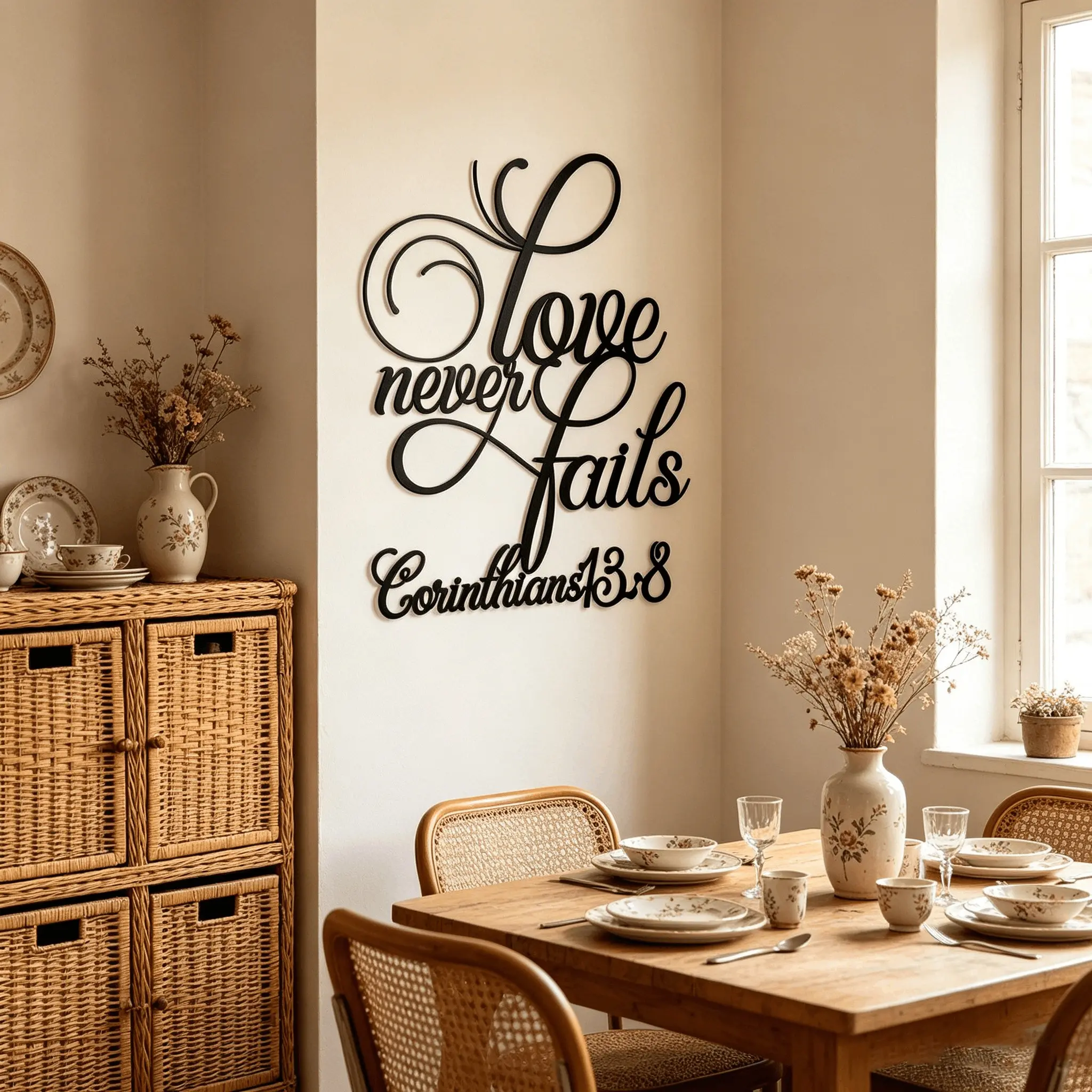 Elegant Iron Wall Decor, Love Never Fails Bible Verse Metal Sculpture, Rustic Bedroom Cabinet Background, Christian Home Décor Artwork, Artistic Decoration Items