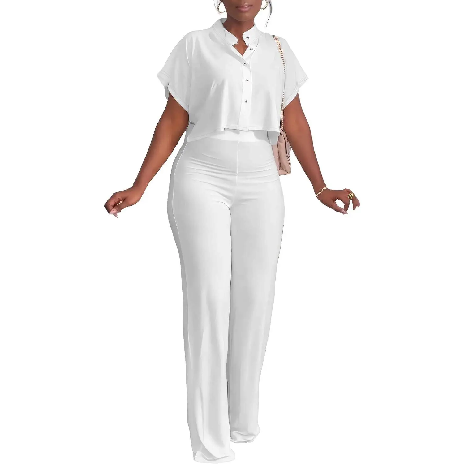 Women's 2-Piece Polyester Cute Chic Summer Lounge Set - Cropped Short-Sleeve Button-Down Top, Matching Wide-Leg Long Pants, Casual Tracksuit