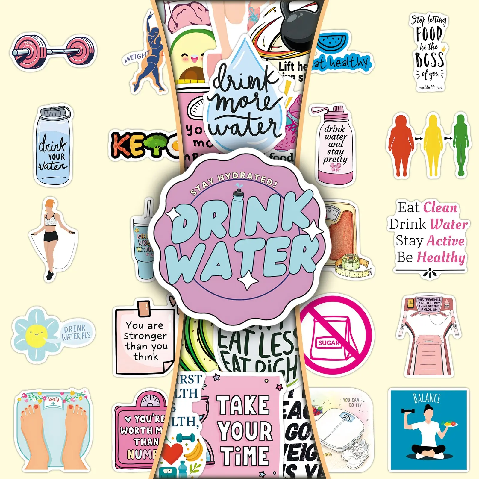 100 Sheets, 2 Sets (with Duplicates): Creative Cartoon Healthy Weight Loss Motivational Positive Energy Decorative DIY Scrapbook Stickers