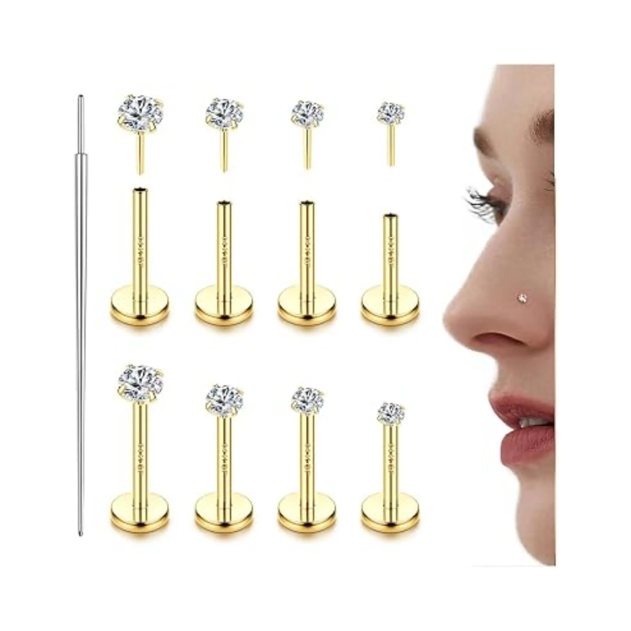 ORAZIO Nose Rings for Women, Threadless Nose Studs and Flat Back Earrings Hypoallergenic 316L Surgical Steel Labret Studs, Push In Flat Back Earrings, CZ Nose Nostril Tragus Helix Piercing Jewelry