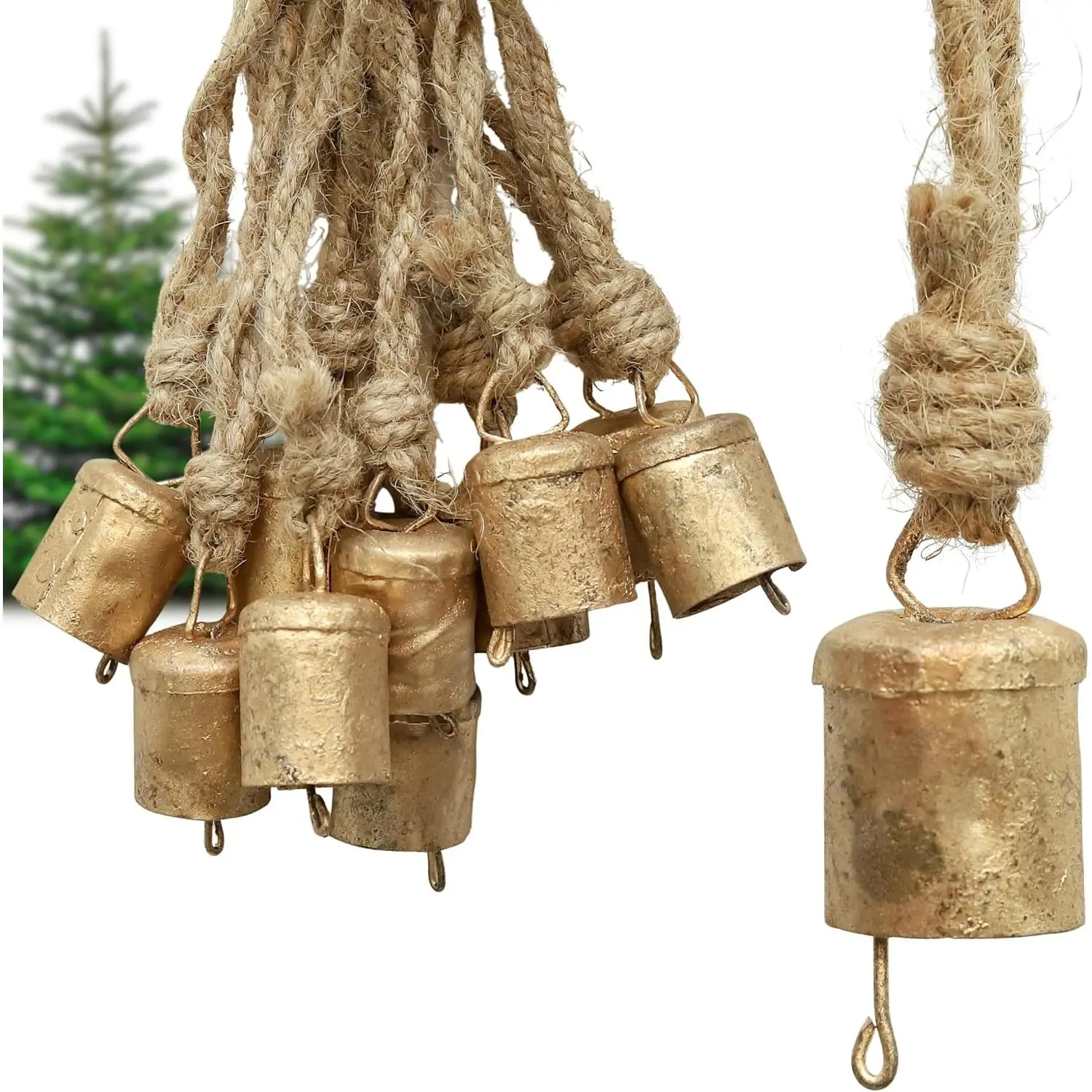 Set of 10 Cylinder Christmas Bells for Decoration - 2.2 Inch  Small Jingle Bells, Rustic Indian Tin Chimes for Christmas Tree Crafts,  Decor, Holiday & Party Decor,  Cow Bells