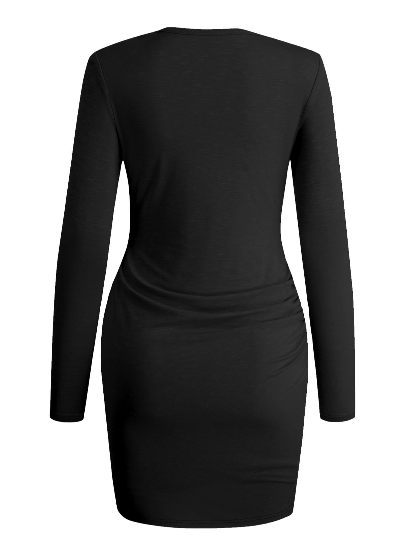 Women's Plain Ruched Wrap Asymmetrical Hem Bodycon Fitted Dress, Casual Long Sleeve Round Neck Short Dress for Spring & Fall, Women's Clothing Womenswear for Daily Wear