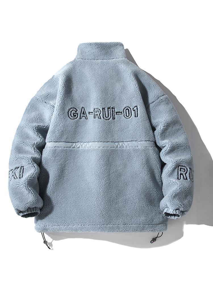 Men's stand collar lambskin embroidered warm cotton clothing Large loose casual fleece thick coat American street style letter embroidery fleece jacket