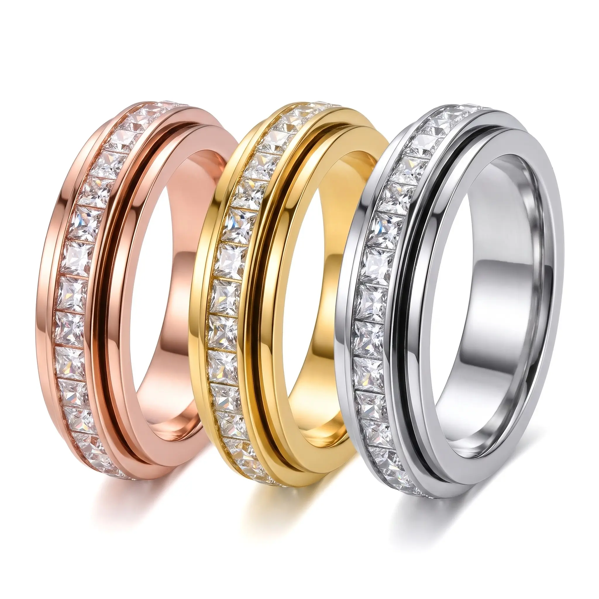 Spinning Ring For Good Luck Square Diamond 5MM Single Row Double Ring Titanium Steel Electroplating Geometric Style Fashion Office Unisex Couple Ring Gold Silver Rose Gold Sizes 5 To 12