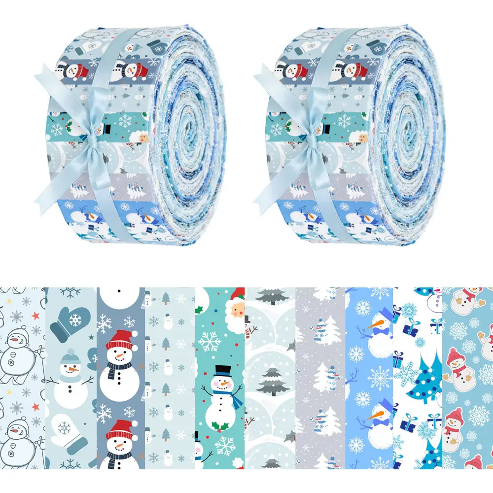 40Pcs Blue Snowman & Snowflake Precut Quilting Fabric Strips, 2.55x19.7 in Polyester Crochet Glam Strips, Hand Wash Only Winter Craft Strips for Holiday DIY Patchwork