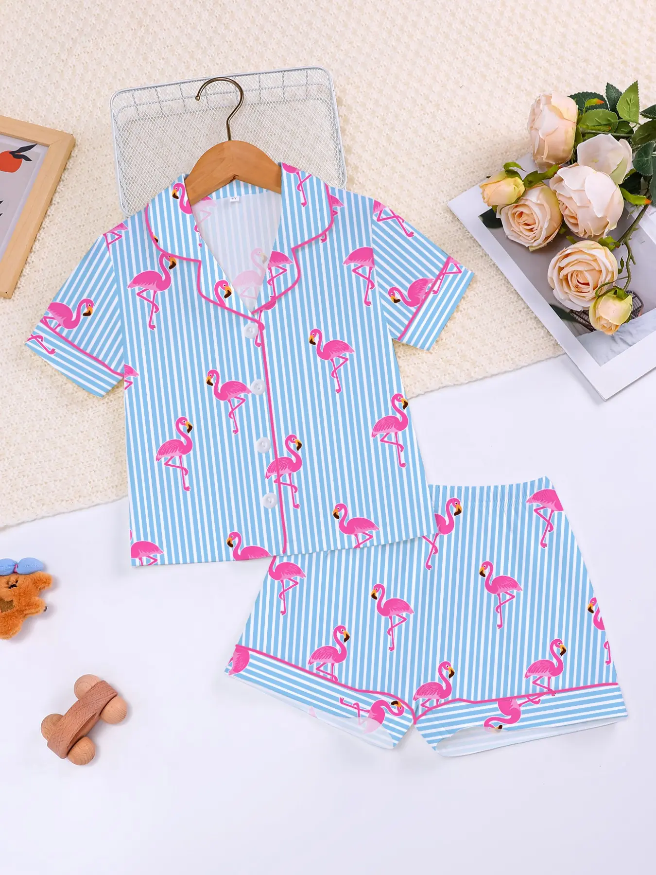 Two-Piece Blue Striped Kids Pajama Set, Flame-Resistant, Sweet Peacock Print, Loose-Fit Short Sleeve Top & Shorts, Casual Gift