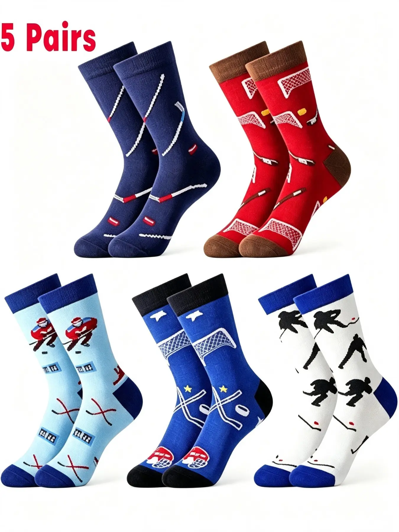 5 Pairs Ice Hockey Theme Men's Crew Socks, Fun Sports Print, Soft Breathable Fabric, Casual Wear, Gift for Birthday, Thanksgiving, Christmas