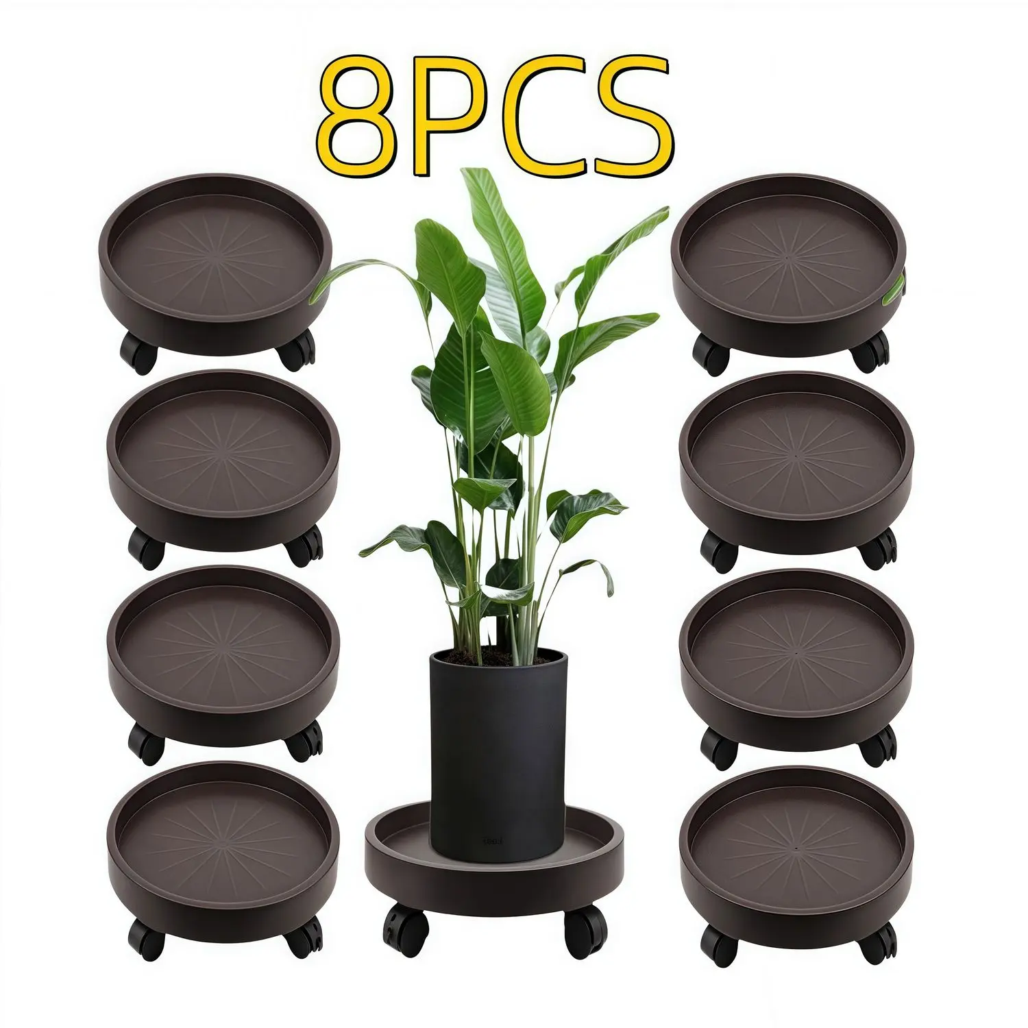 8 Pack Heavy Duty 13 Inch Rolling Plant Caddy with Locking Casters, Brown Round Plant Dolly Wheel Stand, Movable Flower Pot Tray for Indoor & Outdoor Garden Use